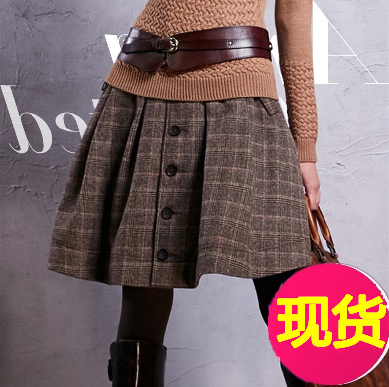 秋装新款复古帅气门襟百搭格子羊毛短款毛呢半身裙