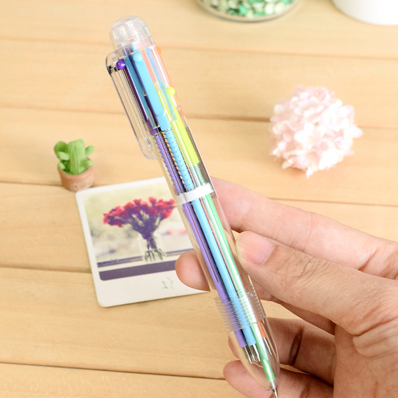 韓國創意文具 清新透明筆桿按動式6色圓珠筆 彩色圓珠筆記號筆
