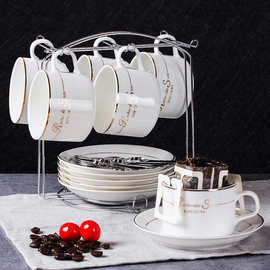 欧式陶瓷杯 咖啡杯碟套装组合 六件套咖啡具带杯架送勺