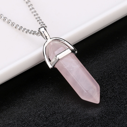 AliExpress Wish Hot Selling European and American Fashion Natural Stone Bullet Hexagonal Pendant Necklace Stone Jewelry Wholesale 