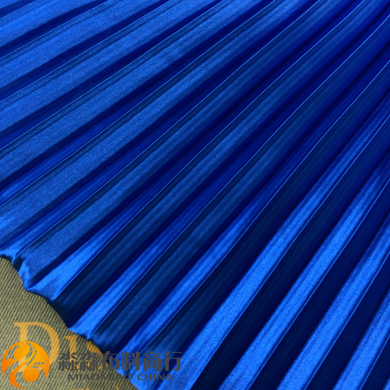 服装布料 电光宝蓝色纹风琴褶压皱百褶仿真丝色丁 不透半身裙面料