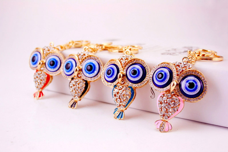 46g Weight Alloy, Metal Material Owl Pattern Unisex Gender Pink, Red, Blue, Black Color Korean  Creative Cute Cartoon Big-eyed Cute Owl Diamond Keychain 2