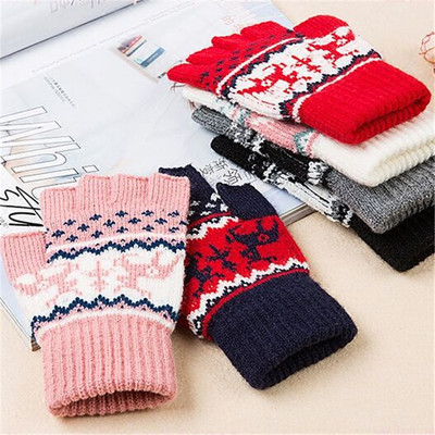 秋冬新款成人男女学生可爱加厚保暖毛线半指手套圣诞麋鹿|ru