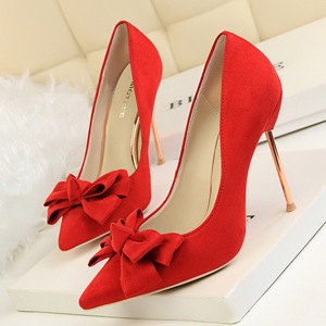 395-1 han edition fashion high heels for women's shoes high heel with shallow mouth sweet pointed suede bow single shoes