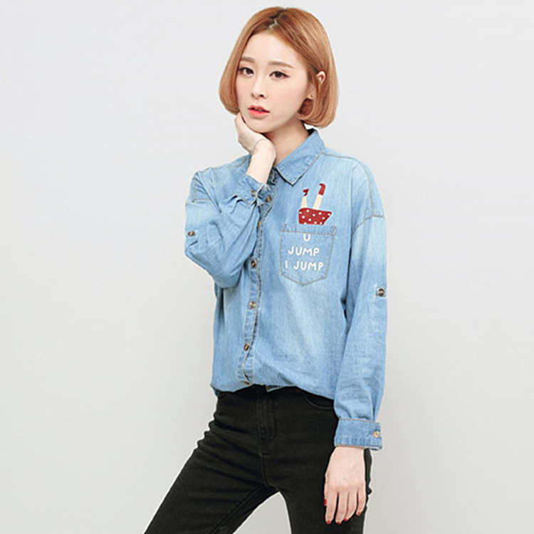 2016 mùa xuân phụ nữ Hàn Quốc mới in thẳng để làm denim cũ áo ve áo giản dị áo sơ mi dài tay 5676