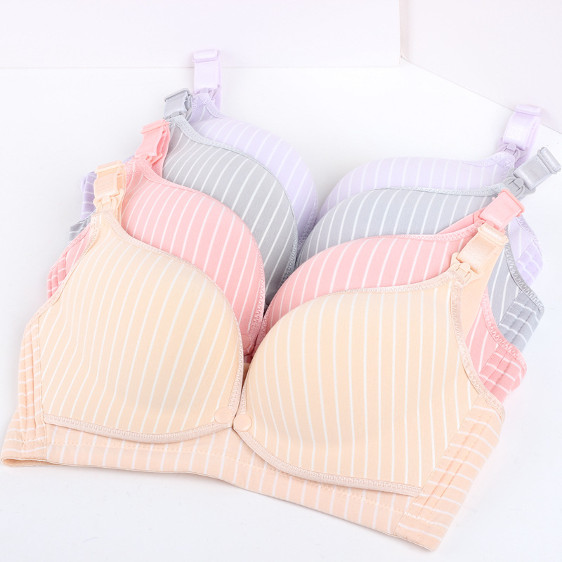 孕产妇大码哺乳文胸纯棉质无痕无钢圈内衣条纹双前开扣防下垂托胸