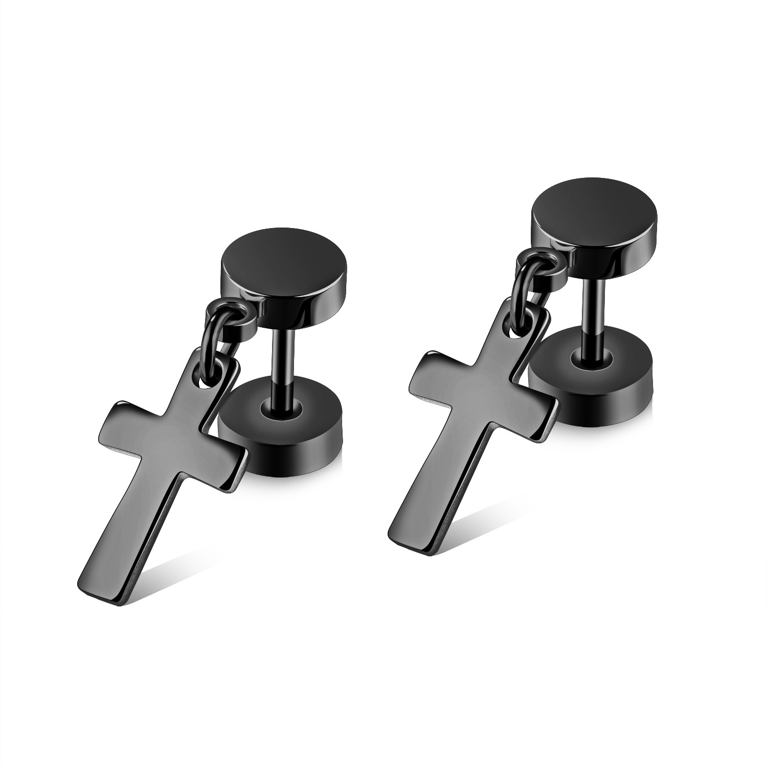 AliExpress Hot Black Titanium Steel Men's Barbell Cross Earrings Double-sided Twisted Screws Dumb Bells