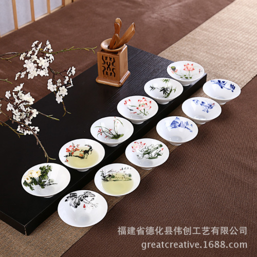 Dehua ceramic bamboo hat cup, imitation hand-painted high white porcelain tea cup, thin blue and white tea cup, tea cup, plum, orchid, bamboo and chrysanthemum