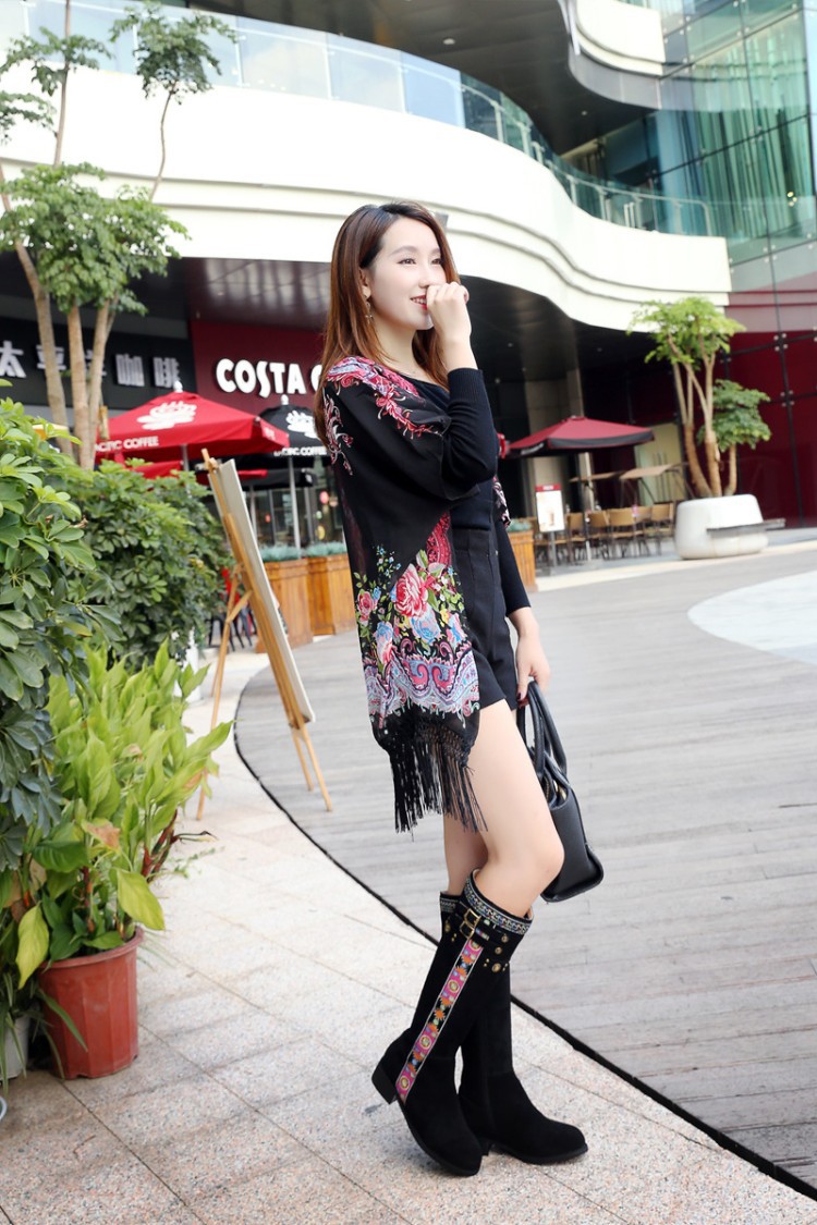 2016秋冬季新款民族風刺繡花邊皮帶扣騎士靴高筒靴子真皮女靴