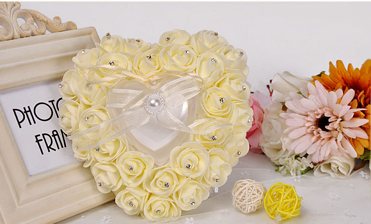 欧式戒指盒 创意婚庆用品新娘新郎PE玫瑰花镶钻戒枕心形戒托批发详情图13