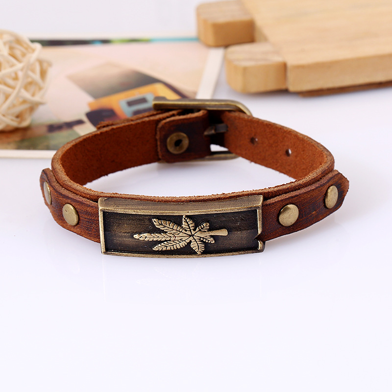 Vintage alloy maple leaf leather bracelet wholesale leather bracelet adjustable