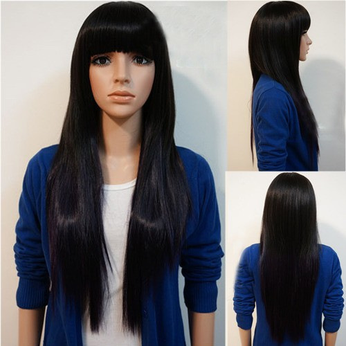 Special offer wig women long straight hair neat bangs fake headgear temperament ladies Amazon wigs manufacturers spot