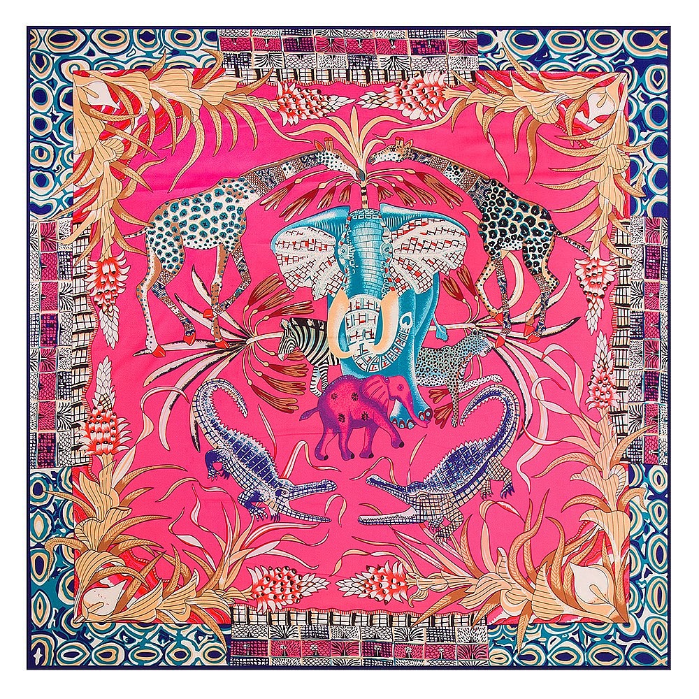 Streetwear Style Rose Red, White, Pink, Blue, Yellow, Black Color 130cm Elephant Giraffe Ladies Twill Large Square Scarf Shawl Sunscreen Wholesale