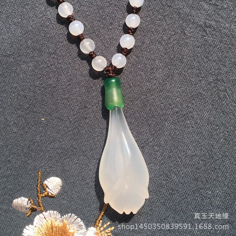 巴西冰种白玉髓玉兰花吊坠项链玛瑙玉坠DIY配饰毛衣链项链