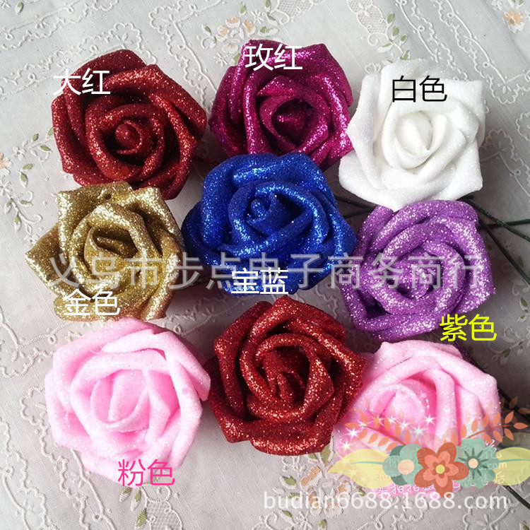 厂家供应6cm蓝色妖姬金粉玫瑰花带杆pe泡沫花假花卡通花束材料 阿里巴巴