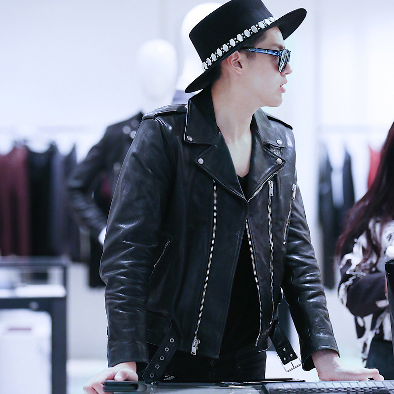 鹿晗明星同款SLP真皮皮衣韩版植鞣机车夹克短款潮外套男女情侣款