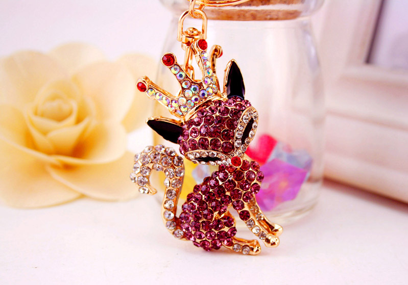 36g Weight Alloy, Metal Material Fox Pattern Unisex Gender Pink, Purple, Red, Blue, Black Color Korean Creative Cute Cartoon Crystal Crown Little Fox Keychain 15