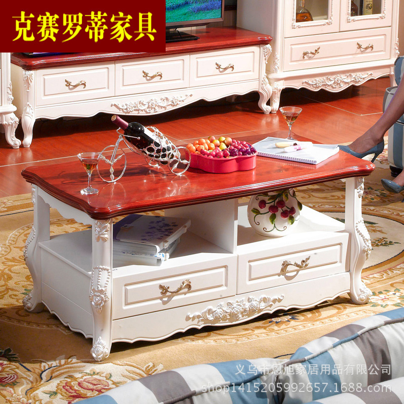 地中海茶几美式乡村风格家具 客厅双层仿古茶桌小户型实木茶台