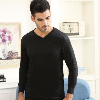 singleton keep warm Underwear Men's V-neck Plush Basics Primer Peach Autumn coat T-shirts jacket black