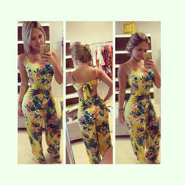 2017速卖通 新款ebay 亚马逊 性感露背花朵印花吊带连体裤