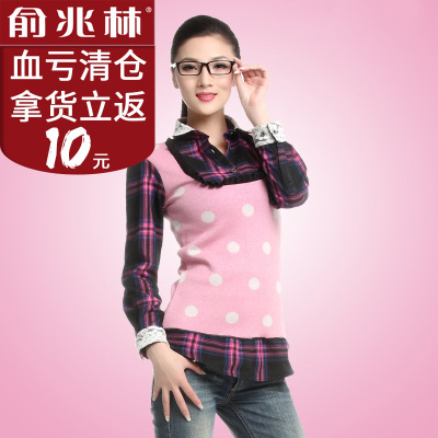 俞兆林秋冬新款 女式甜美可爱蕾丝花边假两件 女士保暖衬衫|ms