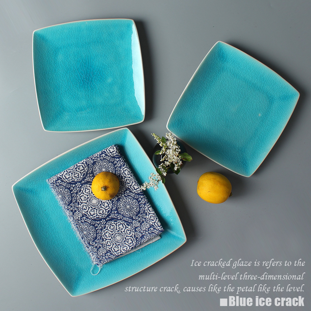 Creativa grieta de hielo azul cerámica de 10 pulgadas de 8 pulgadas placa cuadrada redonda cuadrada Bowl hotel restaurante cuadrado vajilla Placa de carne