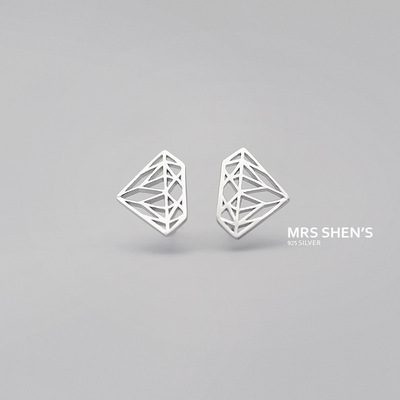 曾太太s925純銀簡約時尚甜美鑽石镂空幾何亮面耳釘 女新品