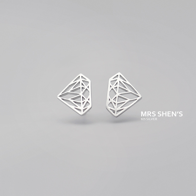 曾太太s925純銀簡約時尚甜美鑽石镂空幾何亮面耳釘 女新品