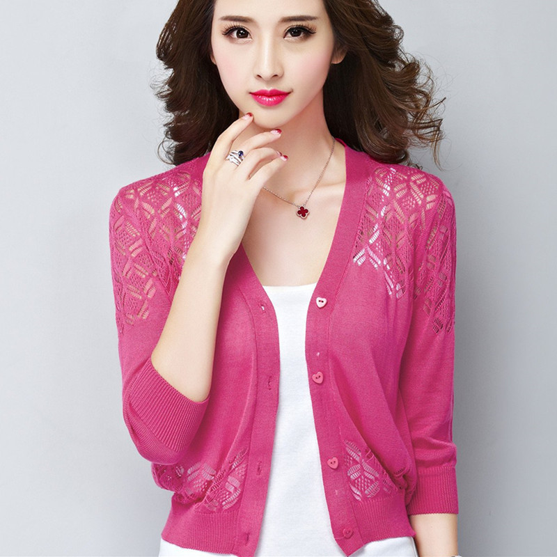 V-Neck Short Outer Cardigan Hollow Knitted Air-conditioning Shirt Sweater Jacket Small Shawl Summer New Women's Thin