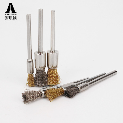 Anzhicheng mini copper wire brush grinding head with rod stainless steel wire brush for polishing, rust removal and burr removal