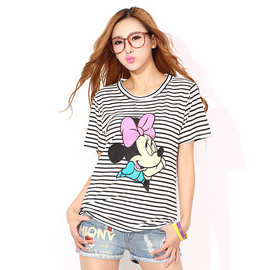一件代发新款韩版条纹卡通老鼠t恤女短袖大码女装上衣打底衫批发