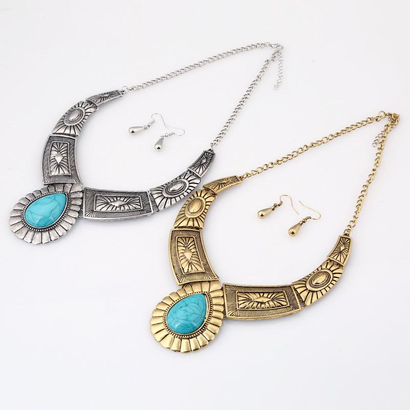 1 Set Quantity Retro Ethnic Style Water Droplets Rhombus Turquoise Alloy Wholesale Earrings Necklace