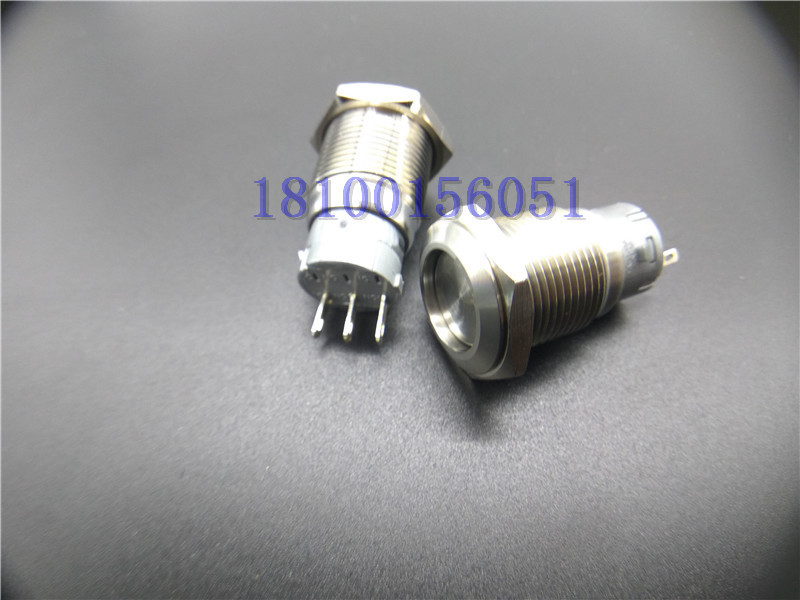 纯不锈钢 16MM金属按钮开关 防水平头自锁 一开一闭 3只脚 银触点