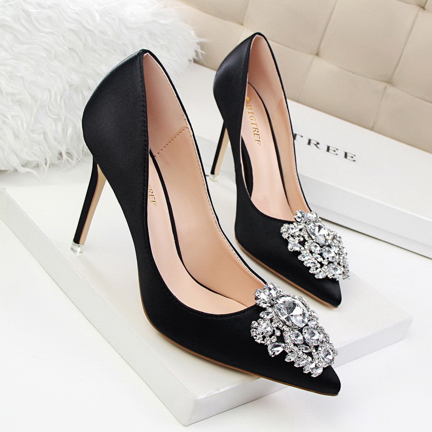 Big Tree Korean Version Of Rhinestone Women's Shoes Stiletto High-heeled Sexy Slim Shallow Pointed Toe Shiny Rhinestone Buckle Single Shoes Lady Shoes