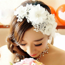 新娘全手工頭飾韓式蕾絲花朵結婚額飾珍珠水鑽婚紗發飾品