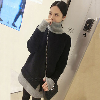 秋季新款针织衫高领羊绒衫女中长款套头长袖毛衣宽松打底衫假两件