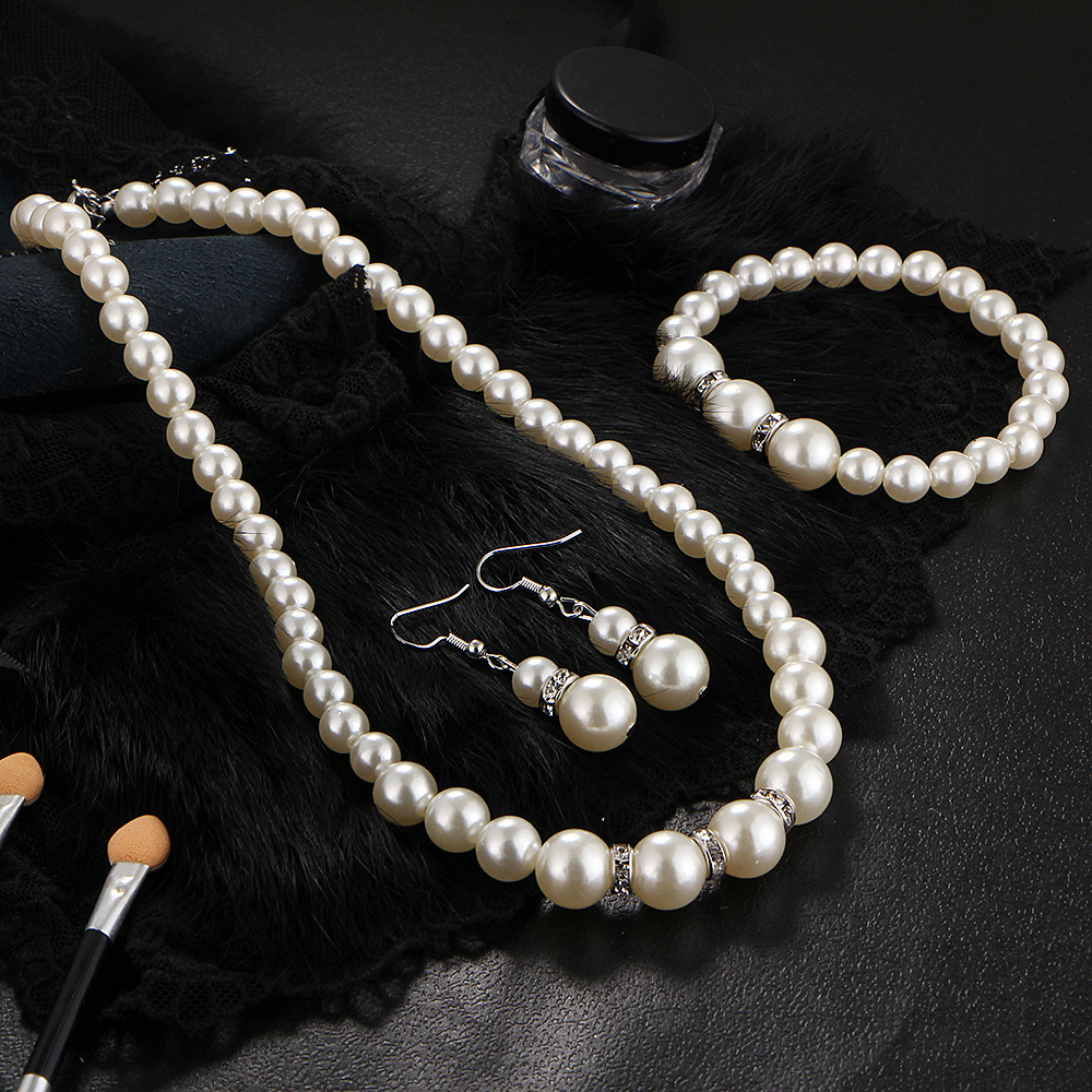 European And American Artificial Pearl Inlaid Diamond Crystal Necklace Earrings Bracelet Set Women's Bridal Jewelry
