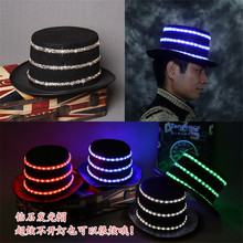LED發光帽子常亮白光表演爵士帽貼鑽舞會派對KTV酒吧高禮帽電池款