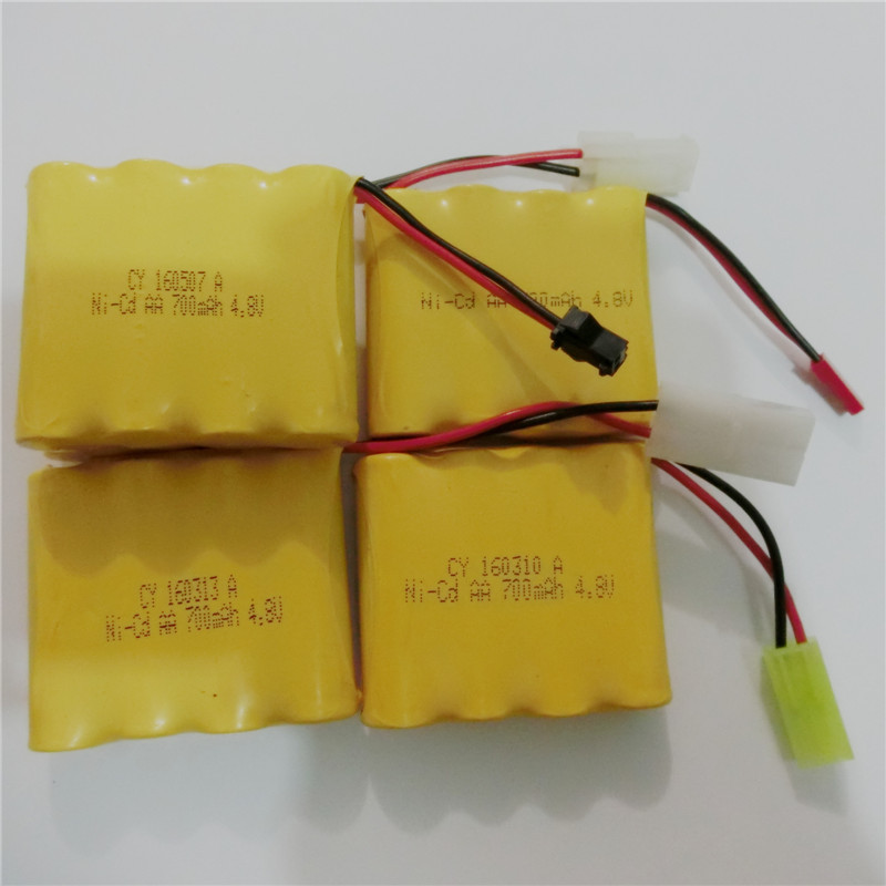 Nickel-Cd batteries, SM plug, 4 cells, 4.8V, side-by-side rechargeable batteries, for remote control toys.