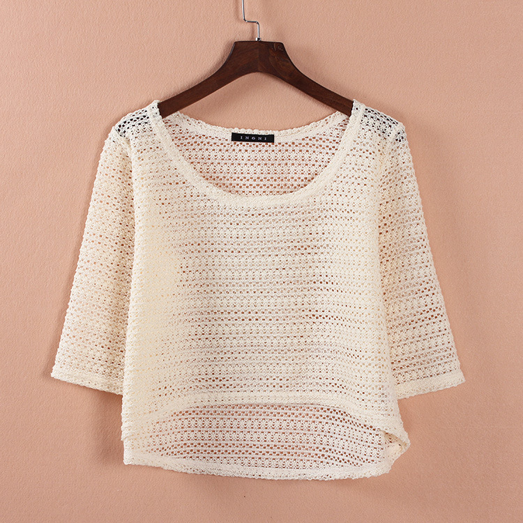 Spring and Summer Women's Top Short Front and Back Long Short Shirt Crochet Hollow Lace Blouse Mesh Shirt Middle Sleeve T-shirt for Women Spring and Summer Women's Top Short Front and Back Long Short Shirt Crochet Hollow Lace Blouse Mesh Shirt Middle Sleeve T-shirt for Women