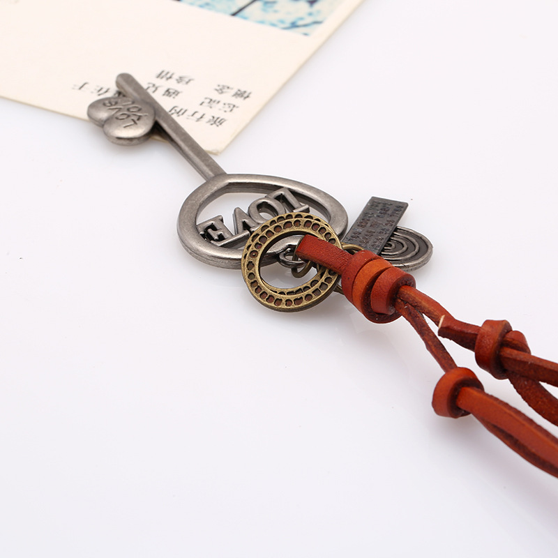 Vintage leather rope necklace womenu0027s long sweater chain alloy LOVE long key leather necklace