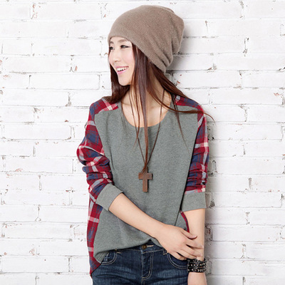Korean spring and summer thin Plaid bottomed shirt women's long sleeve T-shirt loose large women's foreign trade top T-shirt