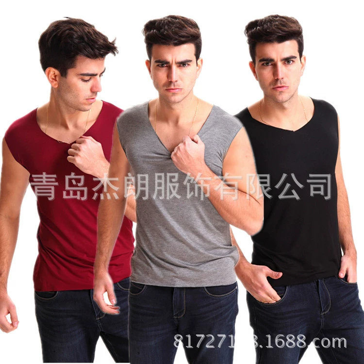 Летний бесшовный жилет из модала с V-образным вырезом, мужская спортивная Базовая рубашка, облегающий жилет без рукавов, очень толстый