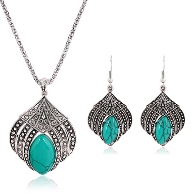 personality The Zang or Tibetan people Turquoise Jewelry Two piece set Natural Stone Vintage Style Necklace Earrings jewelry suit