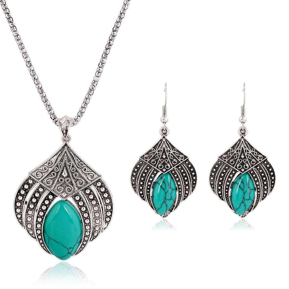 personality The Zang or Tibetan people Turquoise Jewelry Two piece set Natural Stone Vintage Style Necklace Earrings jewelry suit