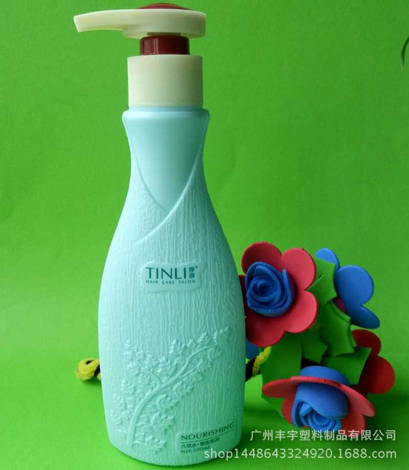 厂家供应PE洗护塑料瓶压泵乳液瓶分装瓶 沐浴露300ML枫叶扁瓶批发