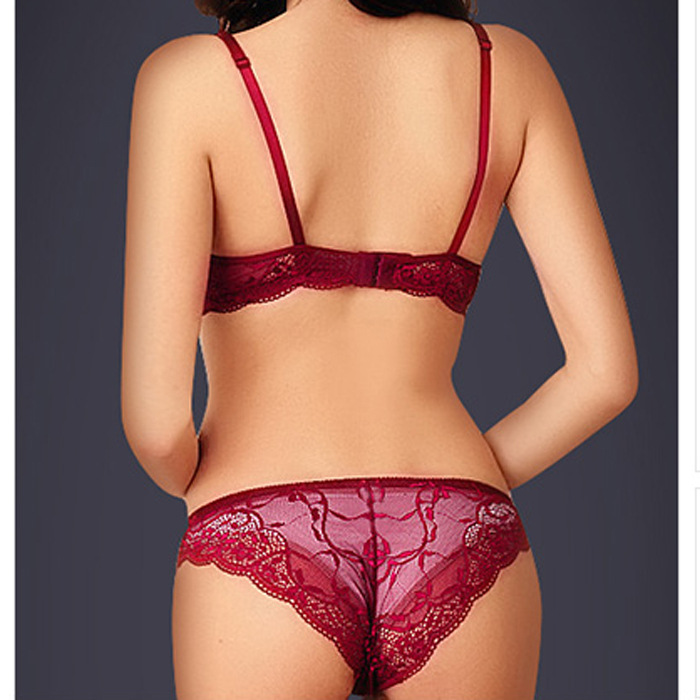 Conjunto sexy de sutiã e calcinha de renda com decote em v_voghion.com