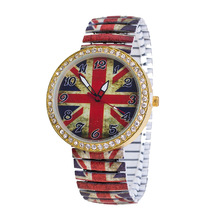 时尚流行红色米字旗图案彩色弹簧带手表镶钻金壳女士手表
