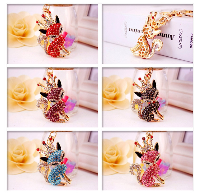 36g Weight Alloy, Metal Material Fox Pattern Unisex Gender Pink, Purple, Red, Blue, Black Color Korean Creative Cute Cartoon Crystal Crown Little Fox Keychain 1