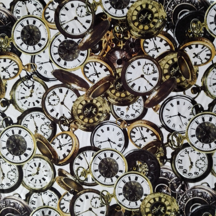 数码直喷四面弹针织汗布 钟表花型数码印花涤纶牛奶丝针织面料